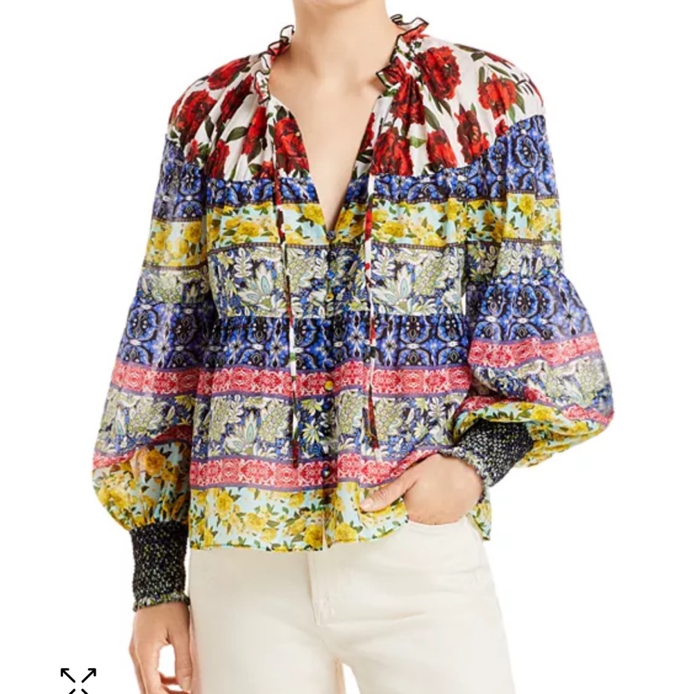 ALICE + OLIVIA Marlyn Floral Tie-Neck Button Down Tiered Blouse size XL